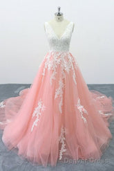Peach Pink Tulle Cathedral Train Lace Wedding Dress, Formal Halter Prom Dress